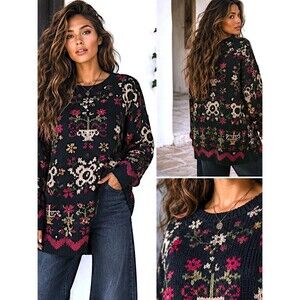 Vtg 90 Northern Isles Hand Knit M Floral Sweater Black Cottagecore Folk Heritage